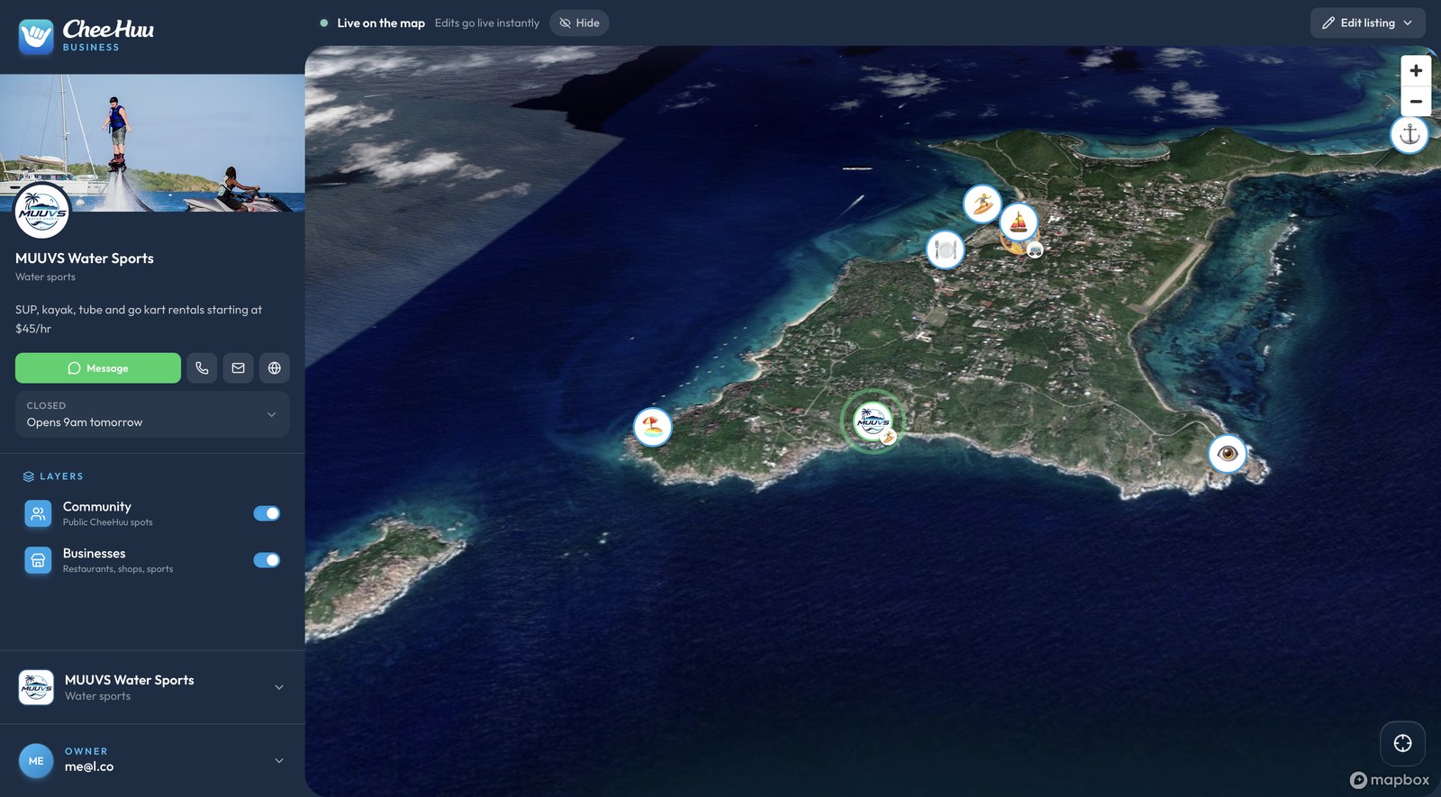 CheeHuu Business dashboard — your listing pinned live on the island map