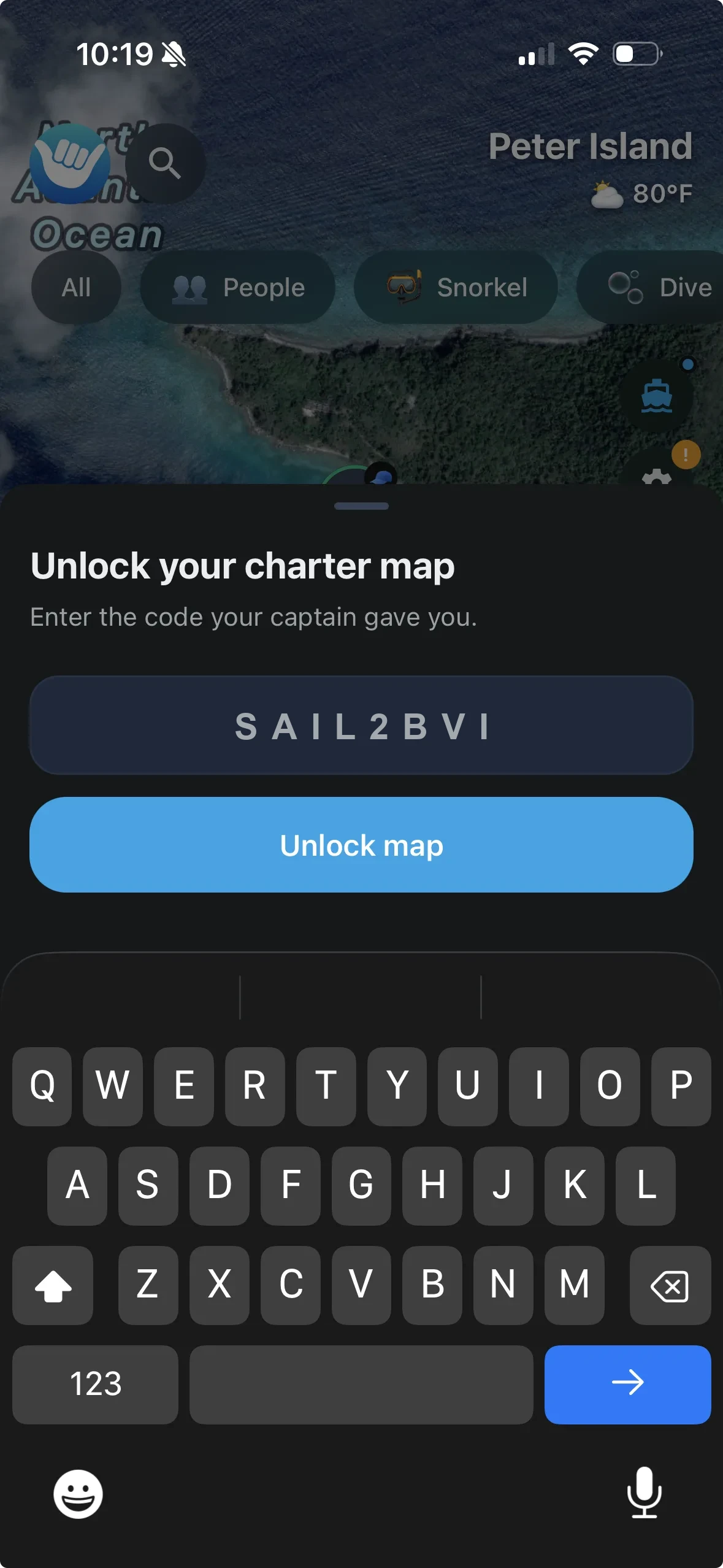A guest unlocking their charter map with the code SAIL2BVI